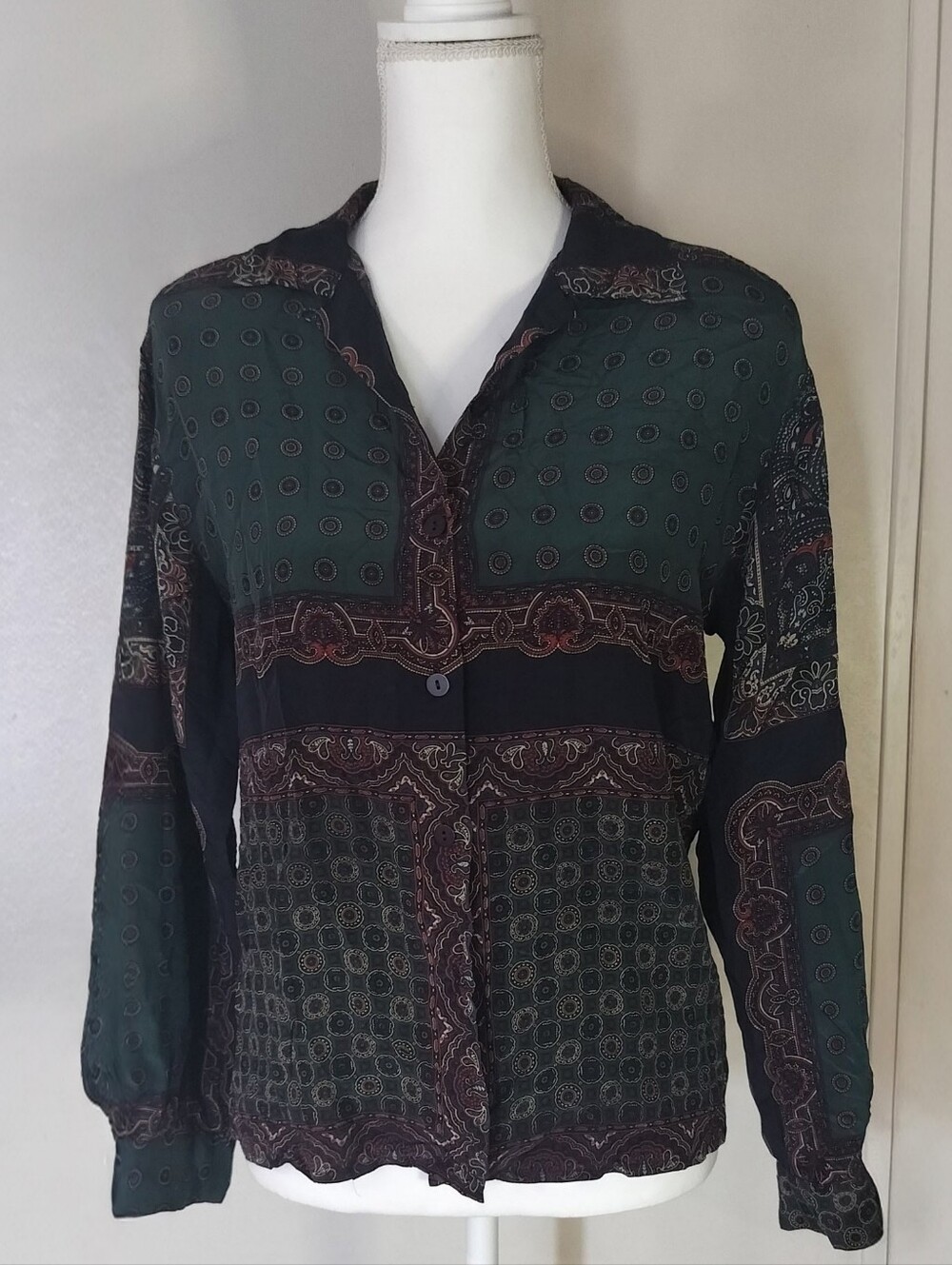 Talbots Dark Green and Black Paisley Button-Front Shirt